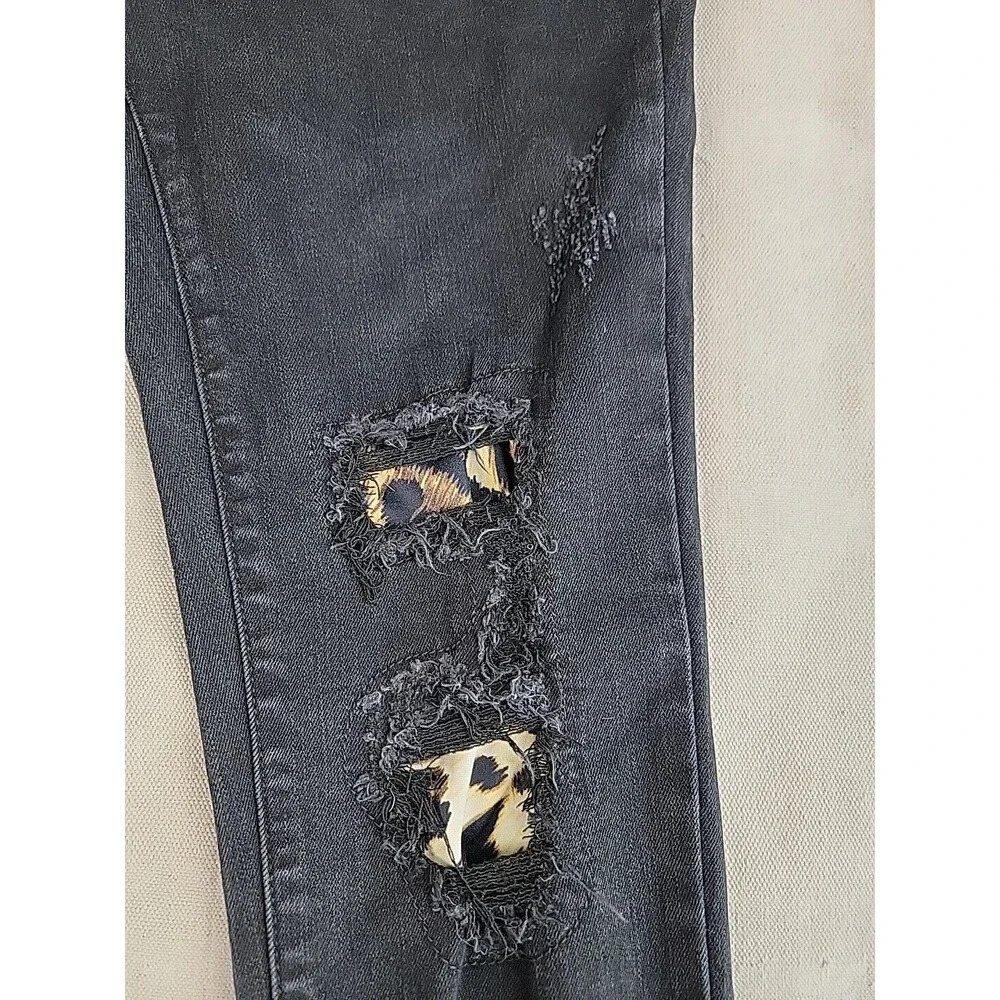 Judy Blue‎ Skinny Jeans Womens 3/26 Black Distressed Leopard Print Patch Edgy